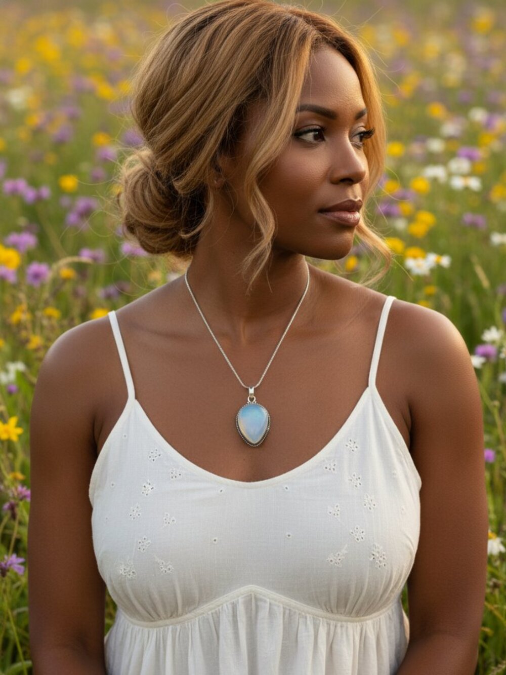 Opalite Gemstone Silver Pendant with Silver Chain Necklace